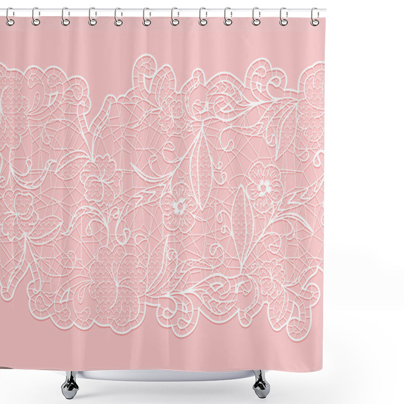 Personality  Delicate White Seamless Lace Ribbon On A Pink Background. Shower Curtains