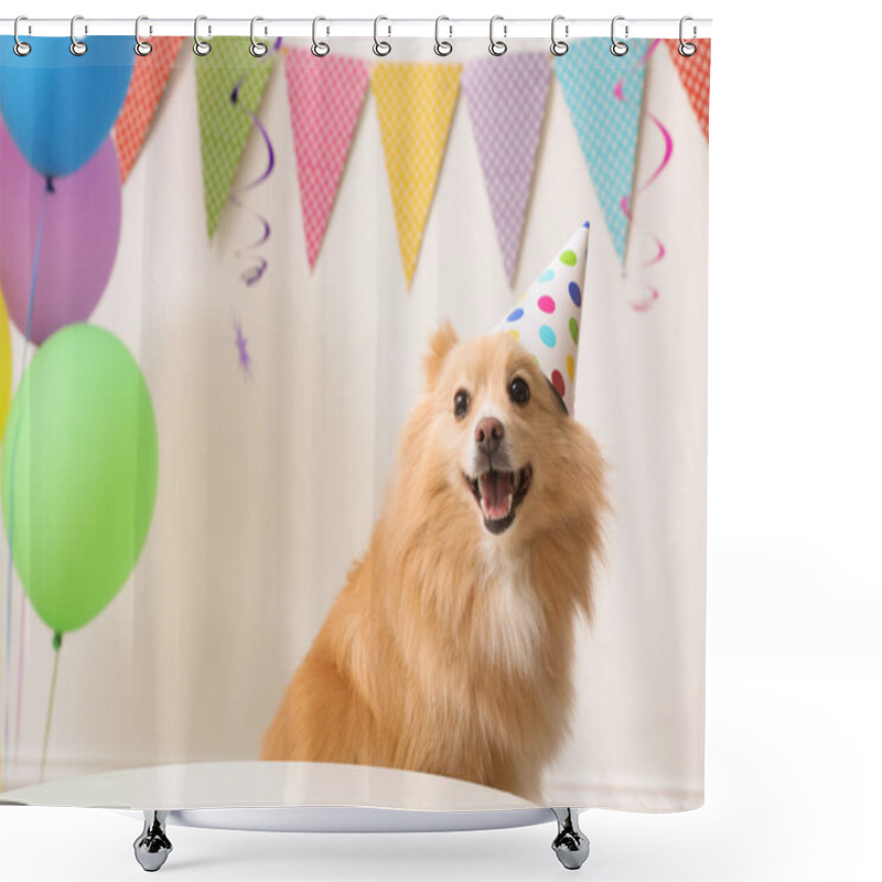 Personality  Cute Dog Wearing Party Hat At Table In Room Decorated For Birthday Celebration Shower Curtains