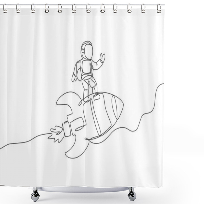 Personality  One Single Line Drawing Of Astronaut In Spacesuit Flying And Discovering Deep Space While Standing On Rocket Spaceship Illustration. Exploring Outer Space Concept. Modern Continuous Line Draw Design Shower Curtains