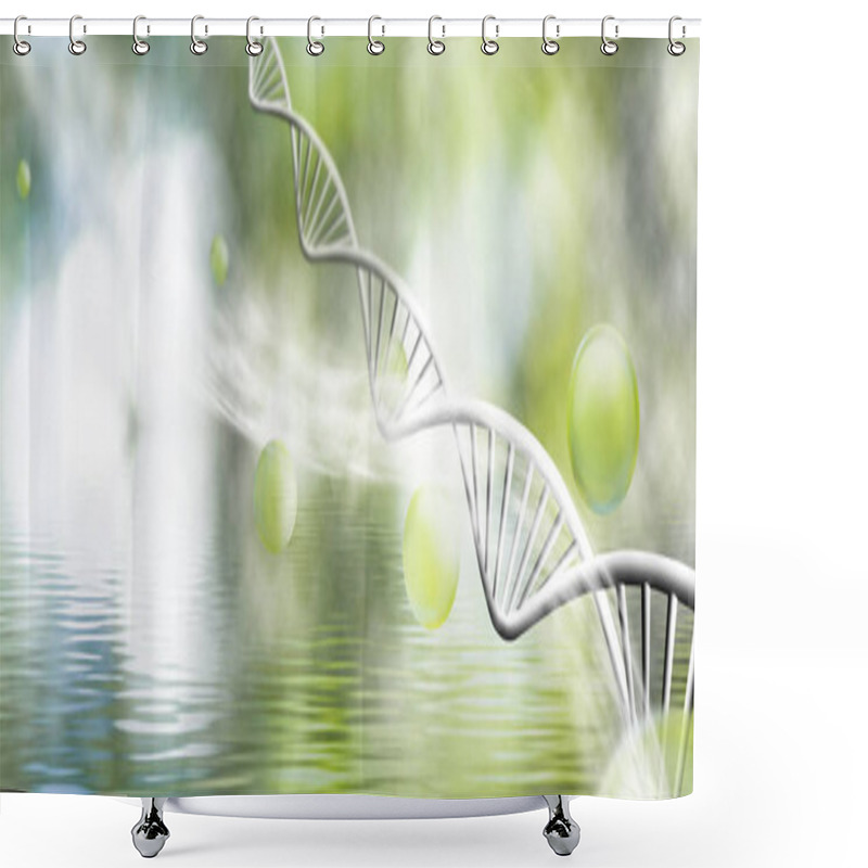 Personality  Molecular Structure And Chain Of Dna On A Green Background Closeup Shower Curtains