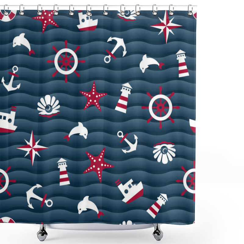 Personality  Sea Symbols On A Blue Wavy Background Shower Curtains