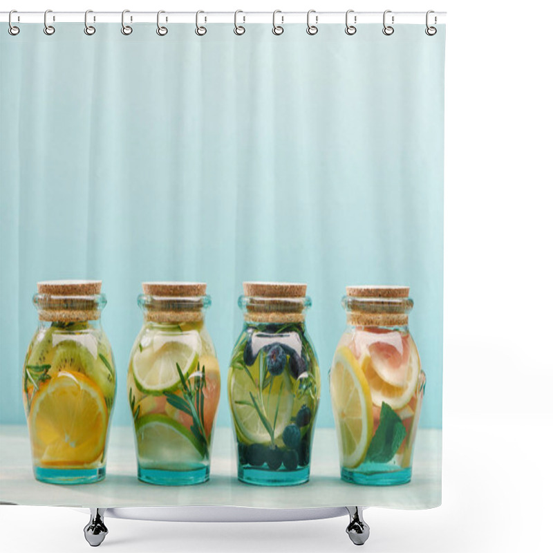 Personality  Fresh Detox Drinks In Jars With Fruits And Herbs Isolated On Blue Shower Curtains