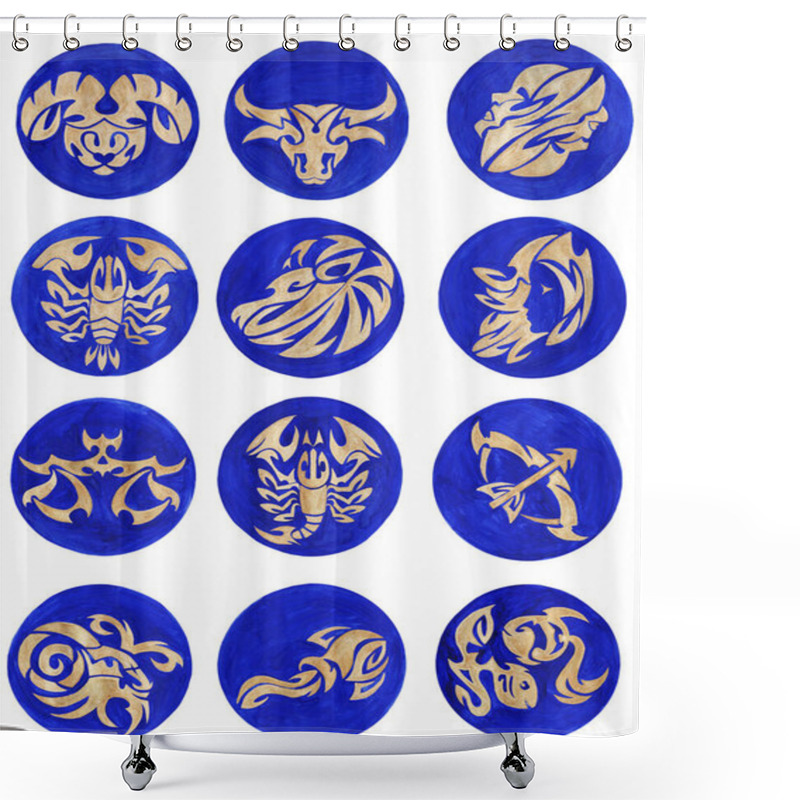 Personality  A Set Of Zodiac Signs. Gold Zodiac Signs On A Blue Background.Round Icons. Hand-drawn. Isolated On A White Background. Shower Curtains