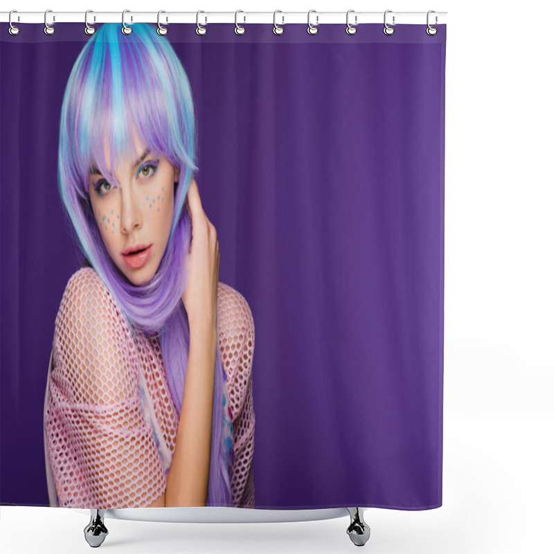 Personality  Attractive Fashionable Girl Posing In Violet Wig With Stars On Face, Isolated On Purple Shower Curtains