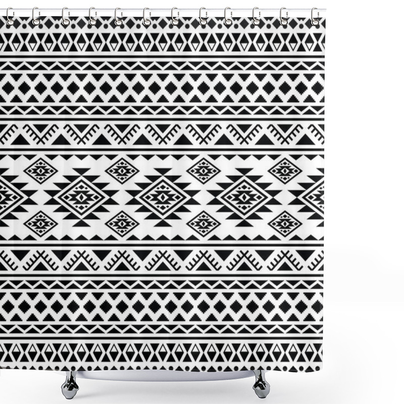 Personality  Ethnic Geometric Abstract Background. Tribal Navajo Seamless Pattern. Black And White Colors. Design For Textile Templates, Fabric, Clothing, Curtain, Rug, Ornament, Wallpaper, Background, Wrapping. Shower Curtains