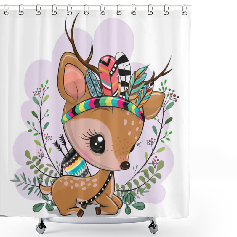 Personality  Cartoon Fawn With Feathers On A Blue Background Shower Curtains