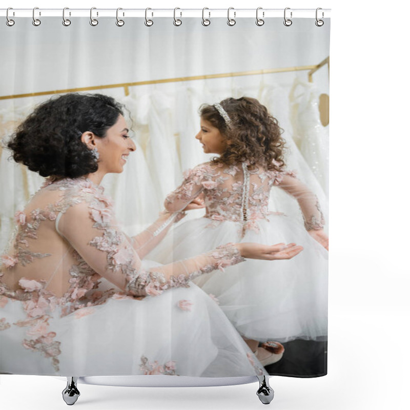 Personality  Happy Middle Eastern Woman With Brunette Wavy Hair In Floral Wedding Dress Looking At Tulle Skirt Of Smiling Daughter In Cute Attire In Bridal Salon, Shopping, Special Moment, Togetherness  Shower Curtains