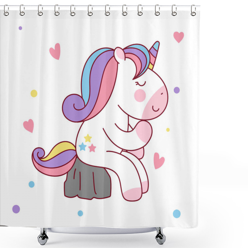 Personality  Cute Cartoon Unicorn Sitting On The Stone Like A Thinker Illustration Shower Curtains