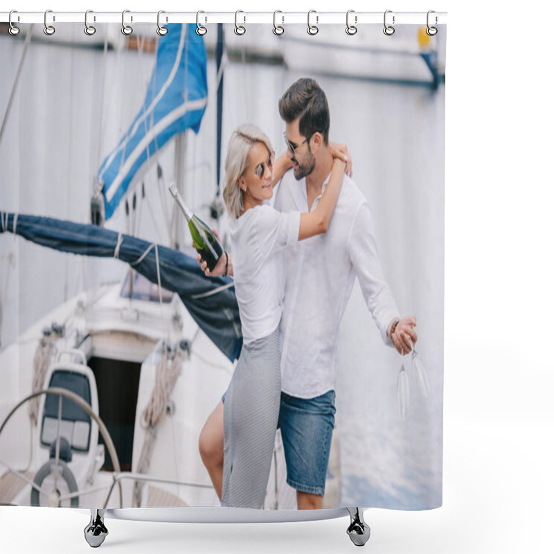 Personality  Smiling Girl In Sunglasses Hugging Handsome Man With Wine Bottle And Glasses On Yacht Shower Curtains