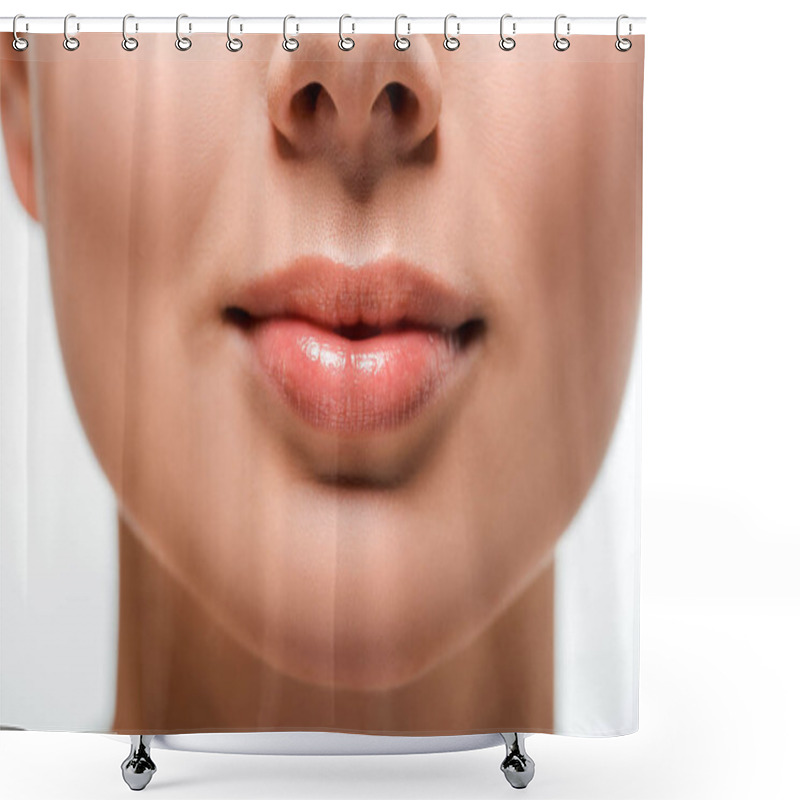 Personality  Cropped View Of Woman With Lip Gloss On Lips Shower Curtains