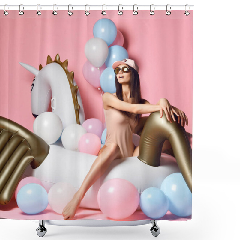 Personality  Young Girl With Pastel Air Balloons On Birthday Holiday Party Having Fun Celebrating With Unicorn Pegasus Float  Shower Curtains