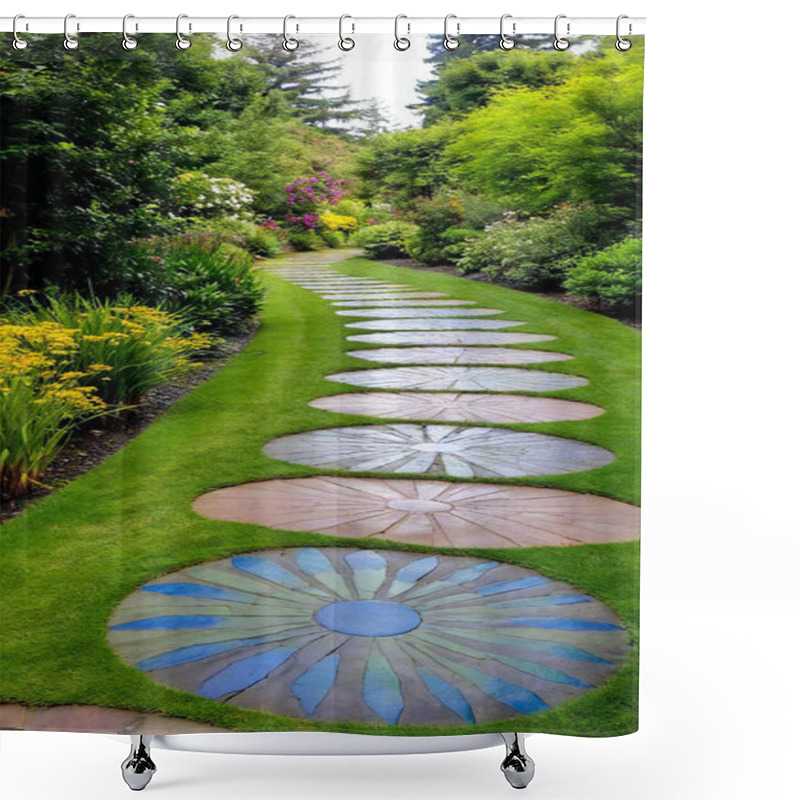 Personality  Magical Pathways: A Garden Pathway Made From Irregularly Shaped Stepping Stones, Each Painted With Bright, Eye-catching Patterns, Leading Through A Tunnel Of Overhanging, Flowering Vines, Inviting Exploration And Wonder. Shower Curtains