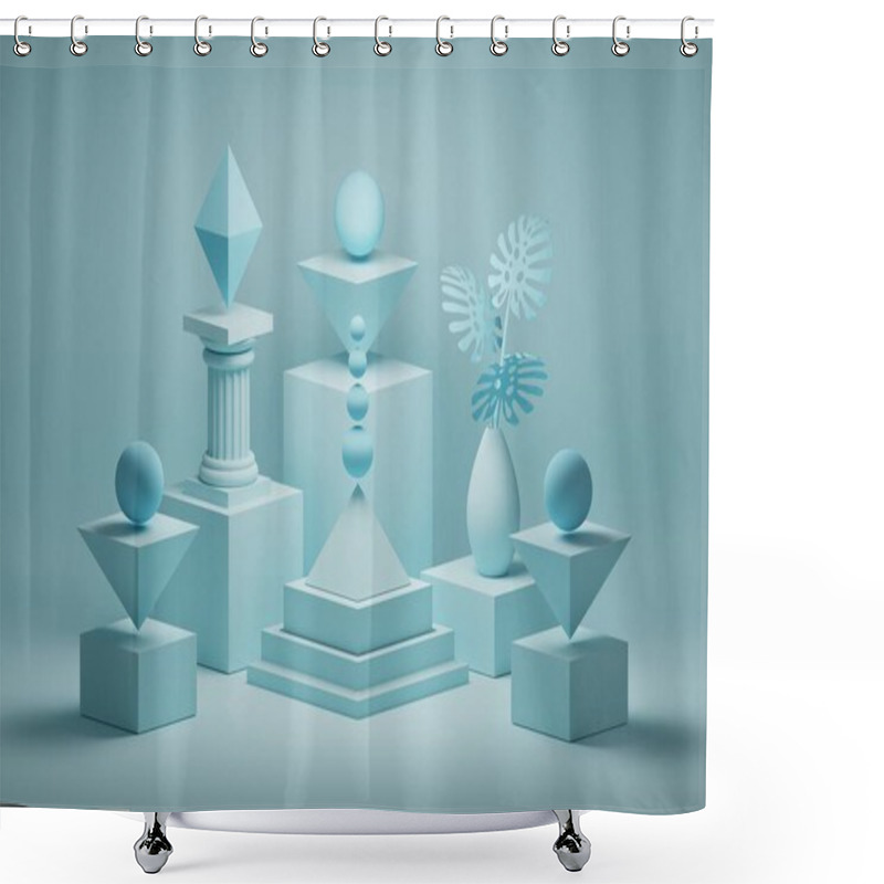 Personality  Architectural Composition With Basic Low Poly Shapes, Pillar And Vase With Monstera In Blue Color. 3d Illustration. Shower Curtains