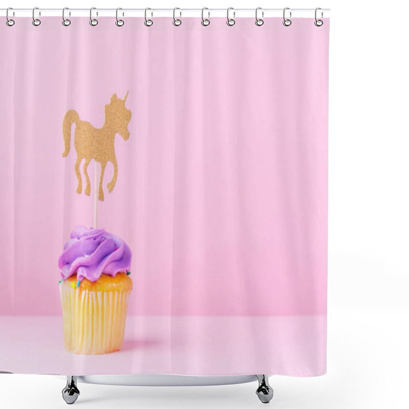 Personality  Creative Pastel Fantasy Holiday Card With Cupcake, Confetti And Unicorn. Baby Shower, Birthday, Celebration Concept. Horizontal Shower Curtains