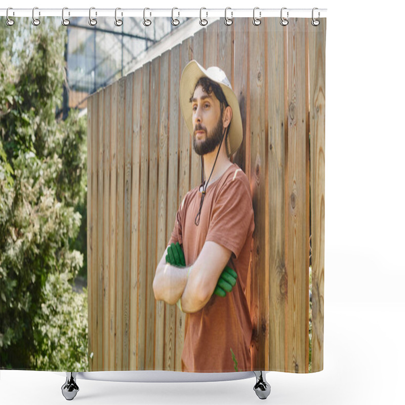 Personality  Handsome And Bearded Farmer In Sun Hat Standing With Crossed Arms Near Fence In Countryside Shower Curtains