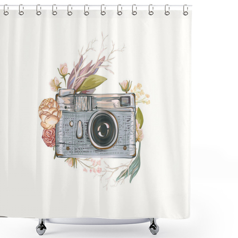 Personality  Vintage Retro Photo Camera In Flowers, Leaves, Branches On White Background. Watercolor Design, Flat Style. Hand Drawn Vector Illustration, Separated Elements In Collage Shower Curtains