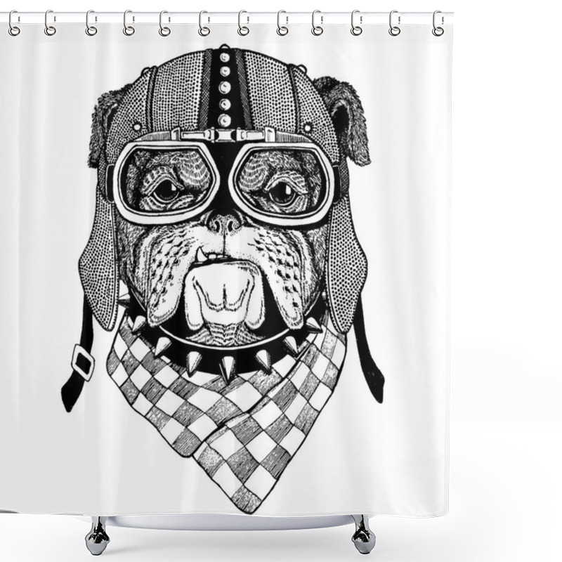 Personality  Bulldog, Dog Wearing Motorcycle, Aero Helmet. Biker Illustration For T-shirt, Posters, Prints. Shower Curtains