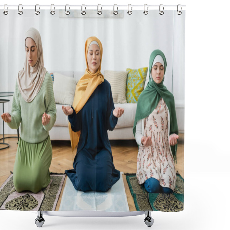 Personality  Multiethnic Women And Teenager Praying With Closed Eyes At Home  Shower Curtains