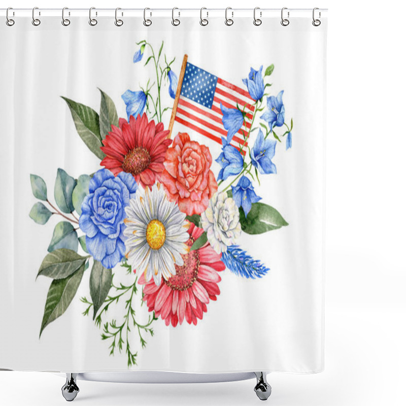 Personality  4th Of July Patriotic Concept. Independence Day Design Element. Hand Painted Watercolor Floral Arrabgement . Botaical Illustration Shower Curtains