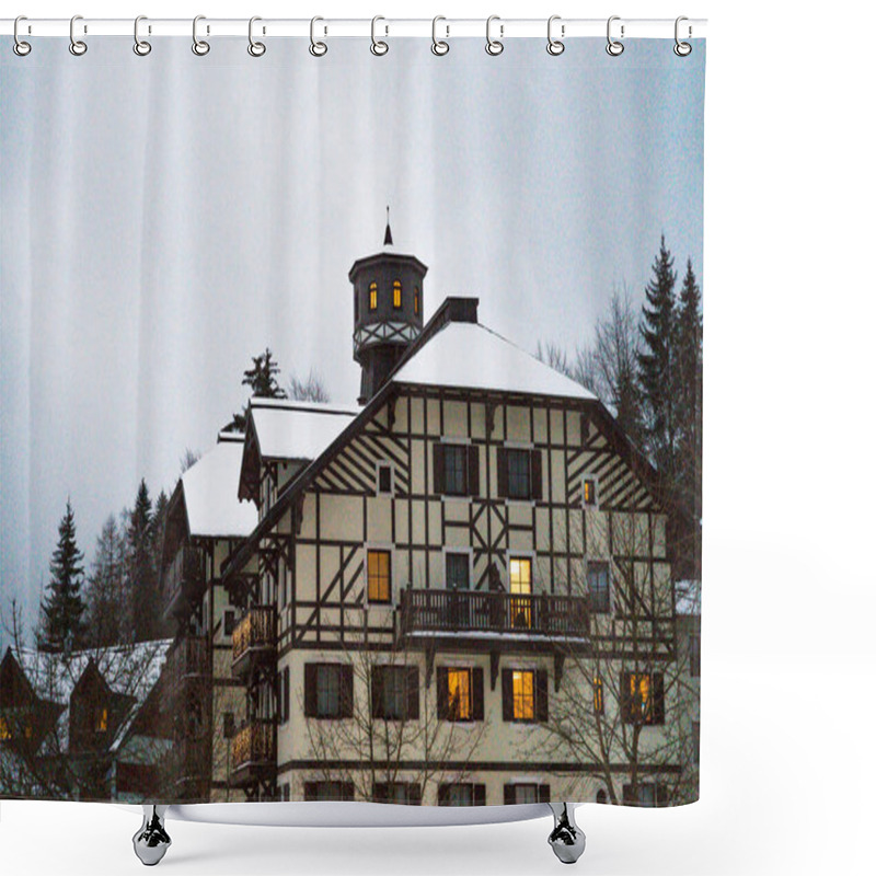 Personality  Spindleruv Mlyn, Czech Republic - January 3, 2025: Scenic View Of A Traditional Alpine-style Hotel Savoy With Snow-covered Rooftops And Warm Glowing Windows, Creating Picturesque Winter Atmosphere. Shower Curtains