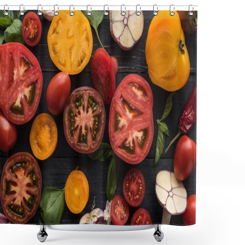 Personality  Top View Of Scattered Chilli Pepper, Spinach, Sliced Tomatoes And Garlic On Black Tray On Wooden Table  Shower Curtains