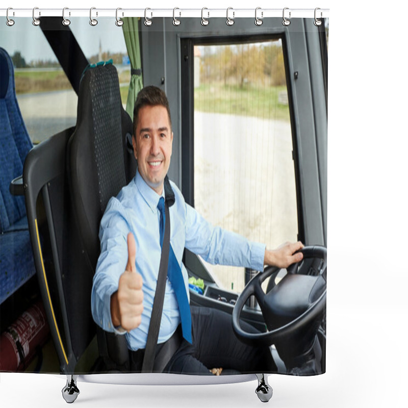 Personality  Happy Driver Driving Bus And Snowing Thumbs Up Shower Curtains