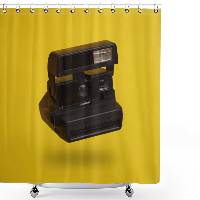 Personality  Levitating Retro Camera Levitating On Yellow Background With Shadow Shower Curtains