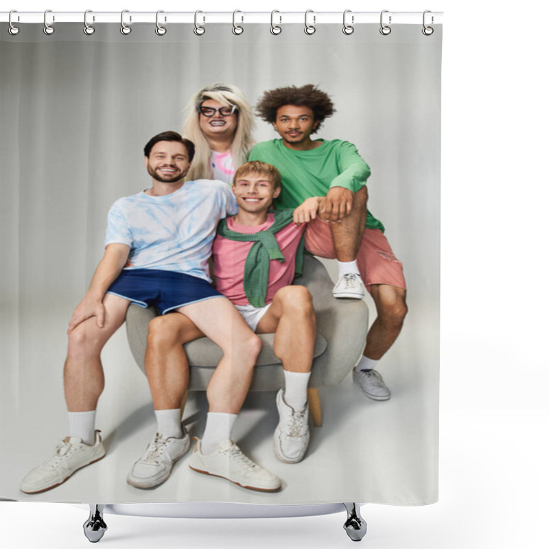 Personality  Four Friends Express Their Vibrant Personalities While Seated Together In A Cozy Studio. Shower Curtains