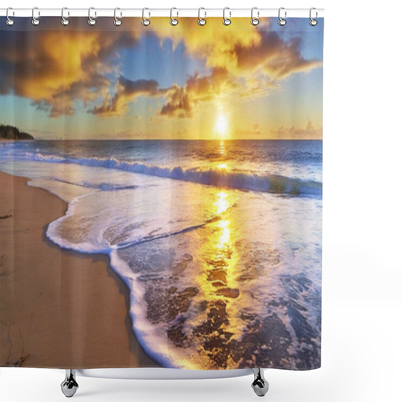 Personality  Surreal Soundwaves On A Dreamy Beach: A Surreal Beach Scene Where The Crashing Waves And Rippling Ocean Are Visually Represented As Melodic Soundwaves, With Musical Instruments Buried In The Sand, And The Horizon Shimmered With Vibrant Hues. Shower Curtains