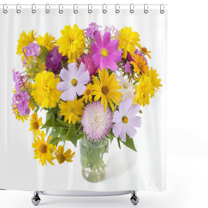 Personality  Summer Flowers Bunch In Vase Isolated On White Background Shower Curtains