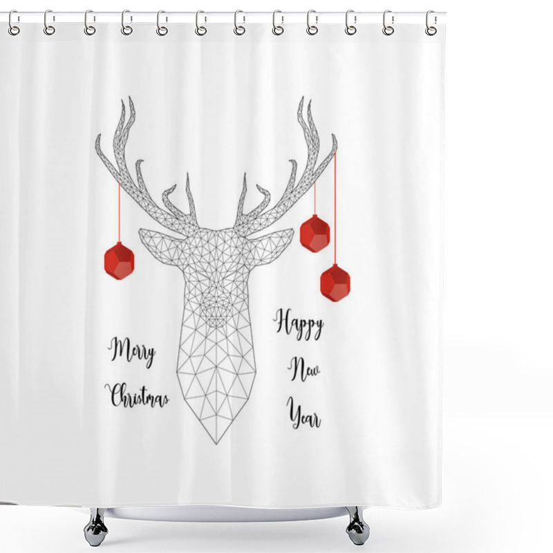 Personality  Merry Christmas And Happy New Year Card With Deer Head, Xmas Balls, Deer Antlers And Text Shower Curtains