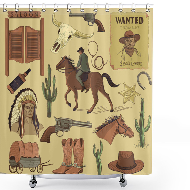 Personality  Hand Drawn Wild West Icons Set Shower Curtains