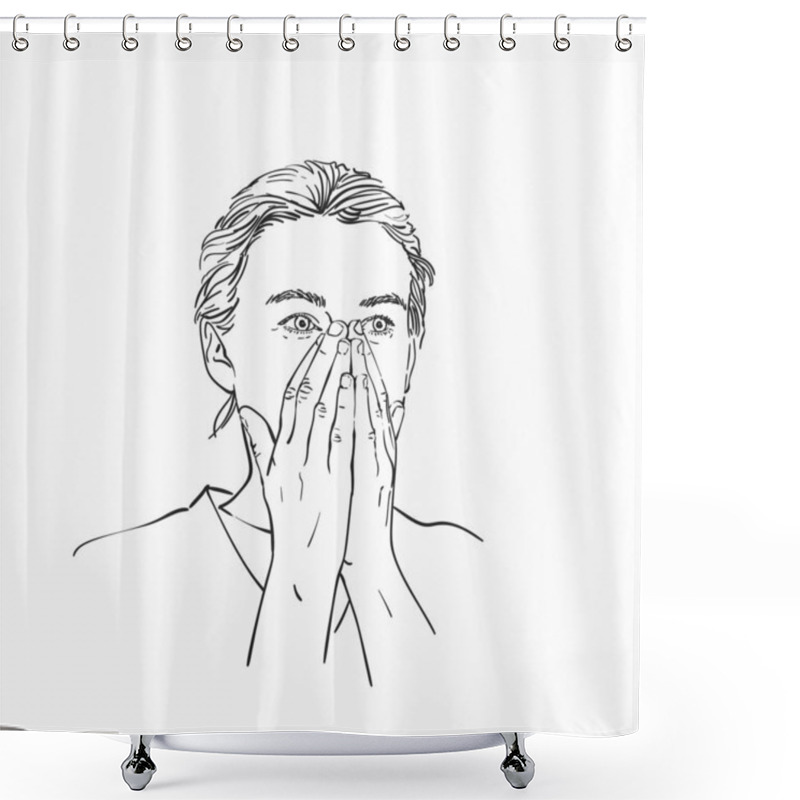 Personality  Young Woman Covered Her Mouth And Nose With Her Hands, Vector Portrait Sketch, Hand Drawn Linear Illustration Shower Curtains