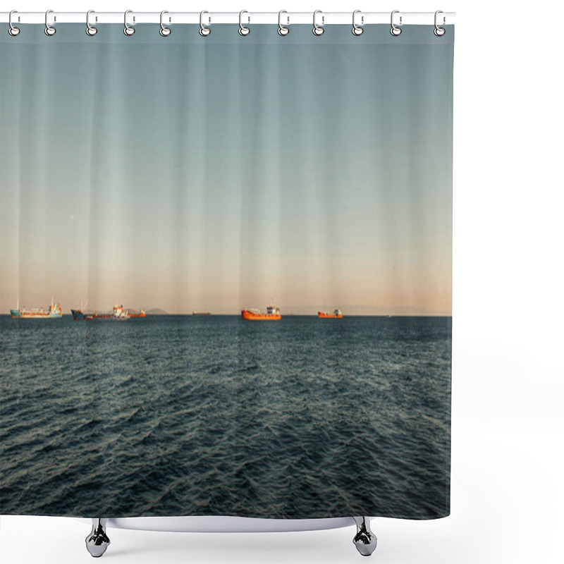 Personality  Cargo Vessels In Sea Over Cloudless Sky Shower Curtains