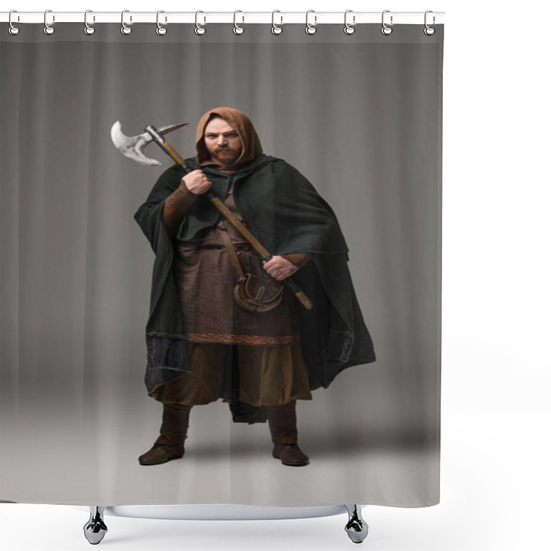 Personality  Medieval Scottish Redhead Man In Mantel With Battle Axe On Grey Background Shower Curtains