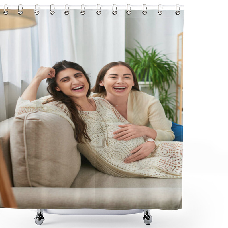 Personality  Cheerful Lgbt Couple Relaxing On Sofa And Smiling Happily At Camera, In Vitro Fertilisation Concept Shower Curtains