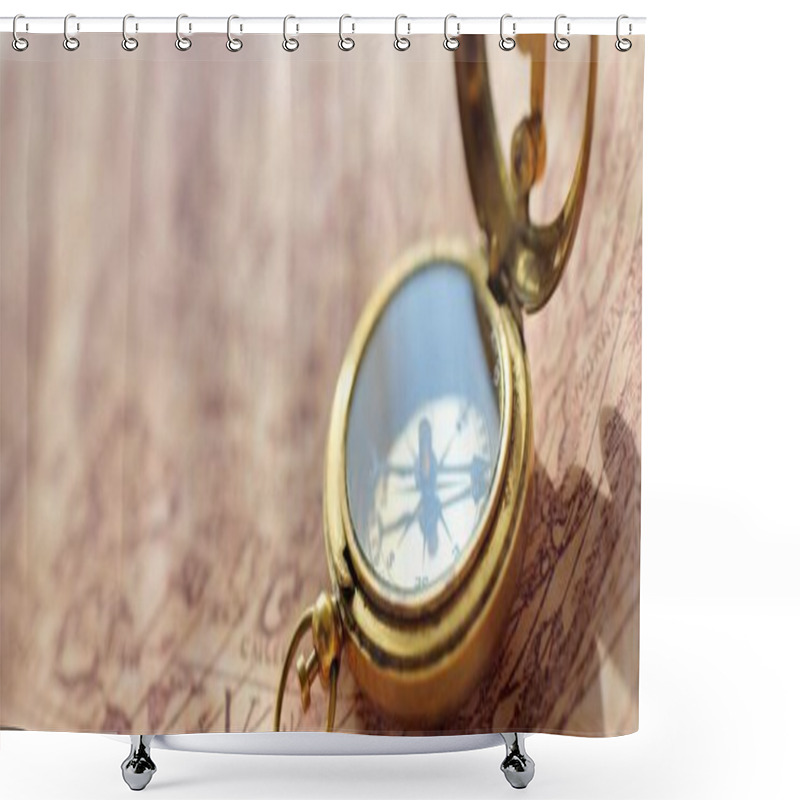 Personality  Retro Styled Golden Antique Compass (sundial) And Old White Nautical Chart Close-up. Vintage Still Life. Sailing Accessories. Travel, Navigation Concepts, Collecting, Souvenir, Gift, Graphic Resource Shower Curtains