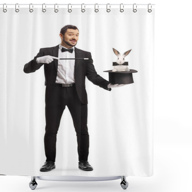 Personality  Full Length Portrait Of A Magician Performing A Trick With A Hat And A Rabbit Isolated On White Background Shower Curtains