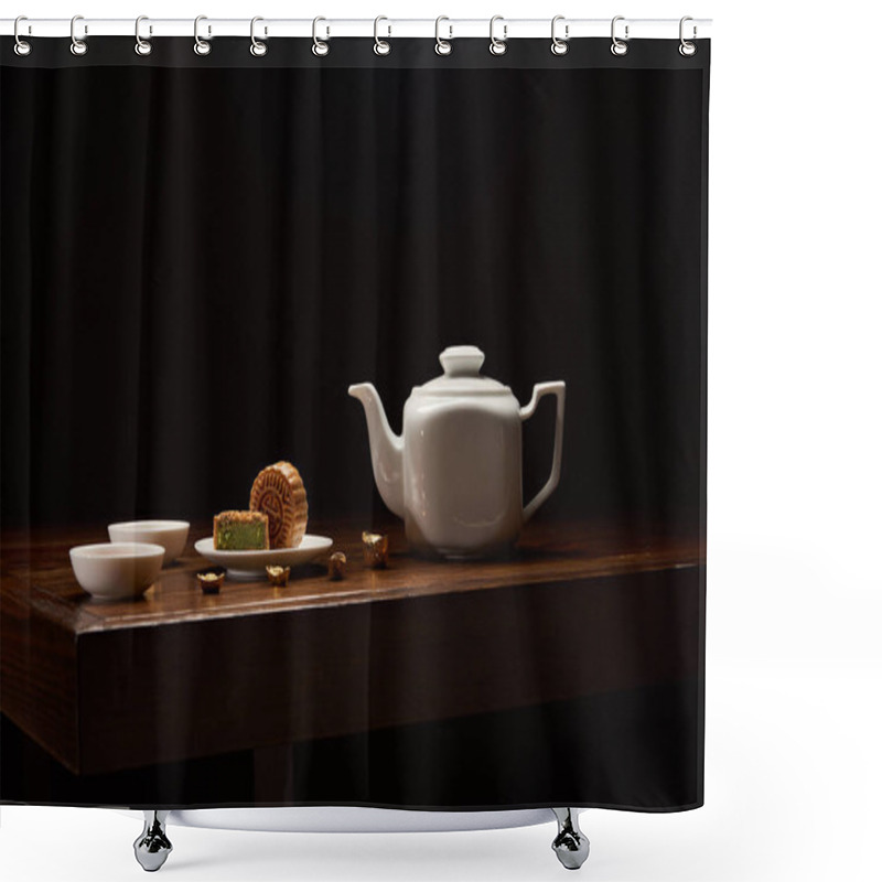 Personality  Traditional Chinese Mooncakes, Tea Pot And Gold Ingots On Wooden Table Isolated On Black With Copy Space Shower Curtains