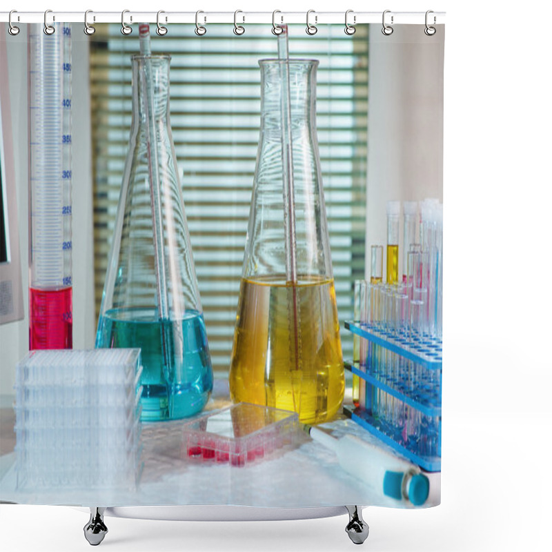 Personality  Table Research Laboratory With Equipment Chemical, Test Tubes, F Shower Curtains