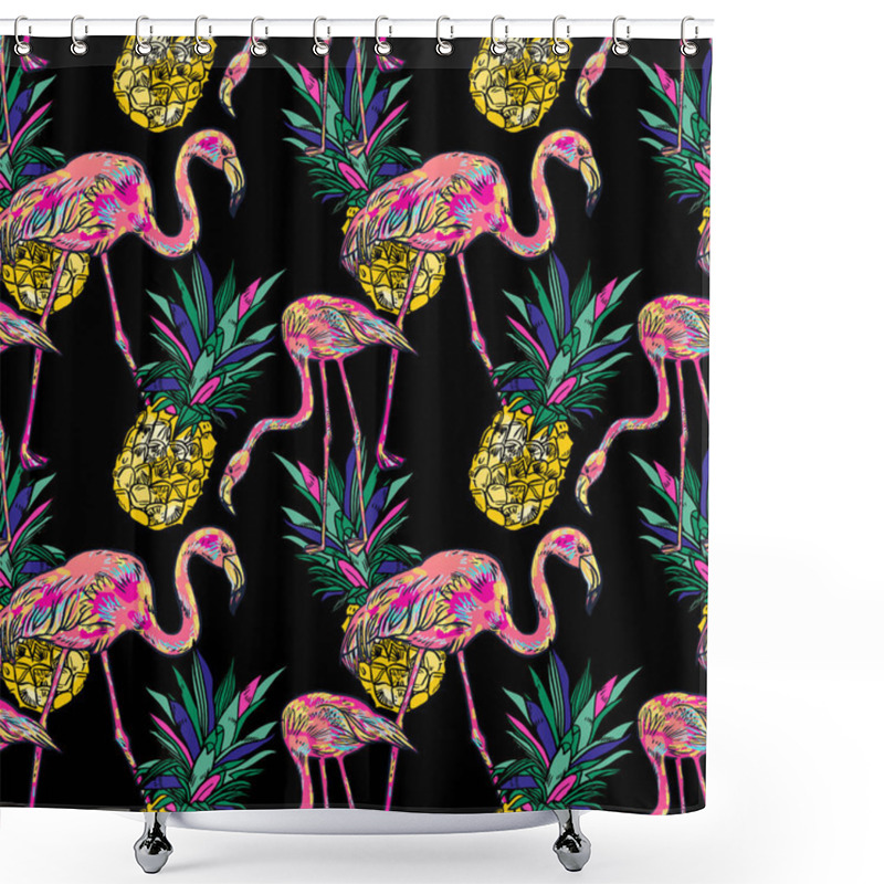 Personality  Tropical Summer Seamless Pattern With Pink Flamingo, Pineapple. Shower Curtains