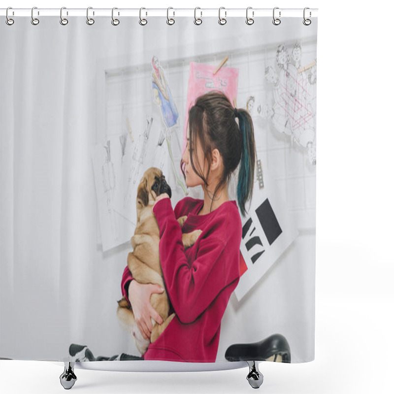 Personality  Pretty Lady Hugging Pug By Mood Board Shower Curtains