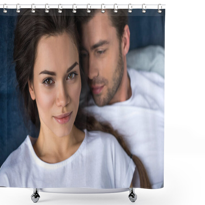 Personality  Romantic Couple Lying On Bed In Their Room Shower Curtains