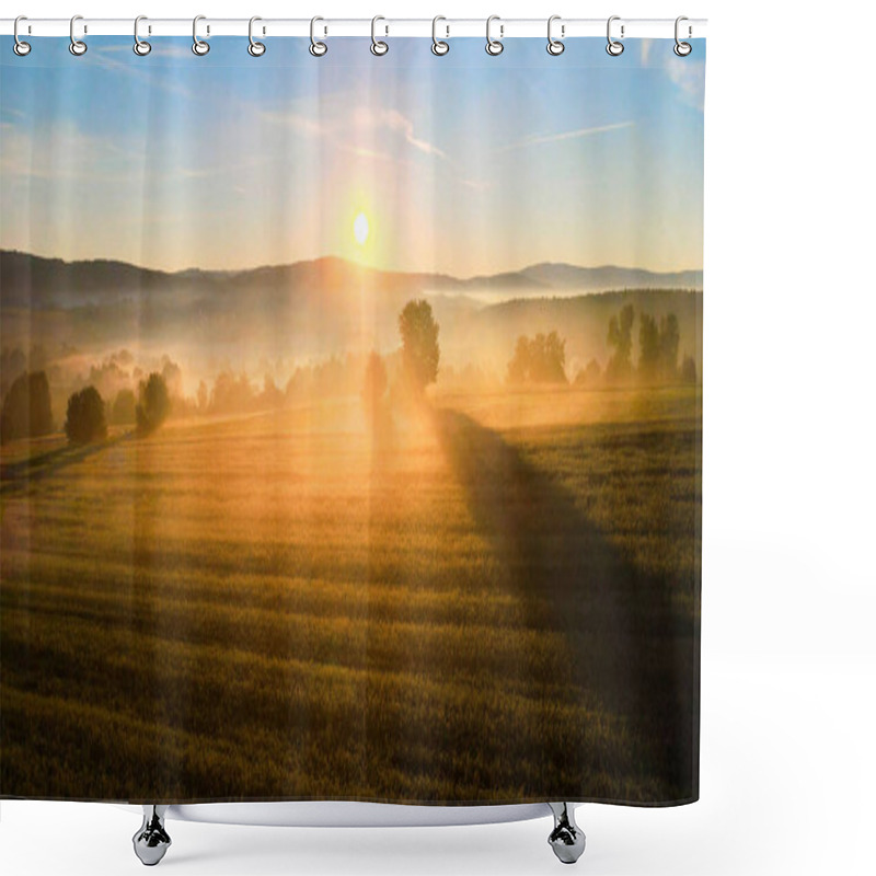 Personality  Sunrise In A Foggy Forest. Aerial View Shower Curtains