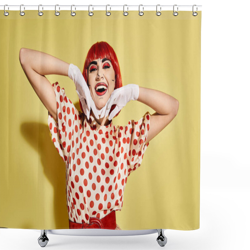 Personality  A Creative Redhead Woman Wearing A Polka Dot Top And Pop Art Makeup, Blending Into A Comic Book World On A Yellow Background. Shower Curtains