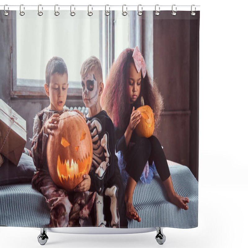 Personality  Group Of Multiracial Kids During Halloween Party Holds Pumpkins While Sitting On Bed In An Old House.  Shower Curtains