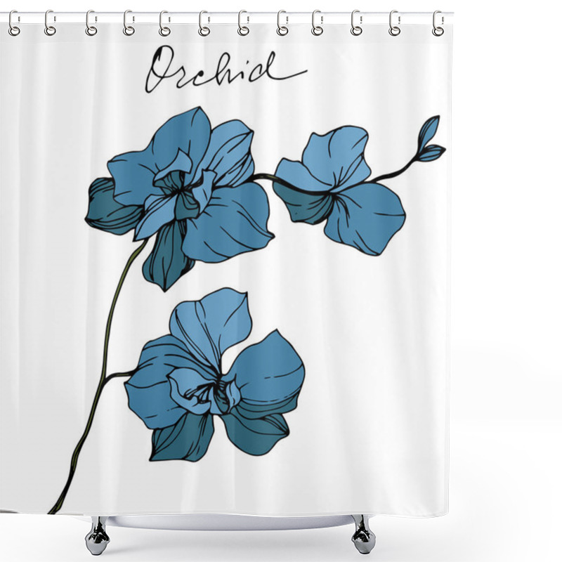 Personality  Vector Blue Orchids With Orchid Lettering Isolated On White. Engraved Ink Art. Shower Curtains