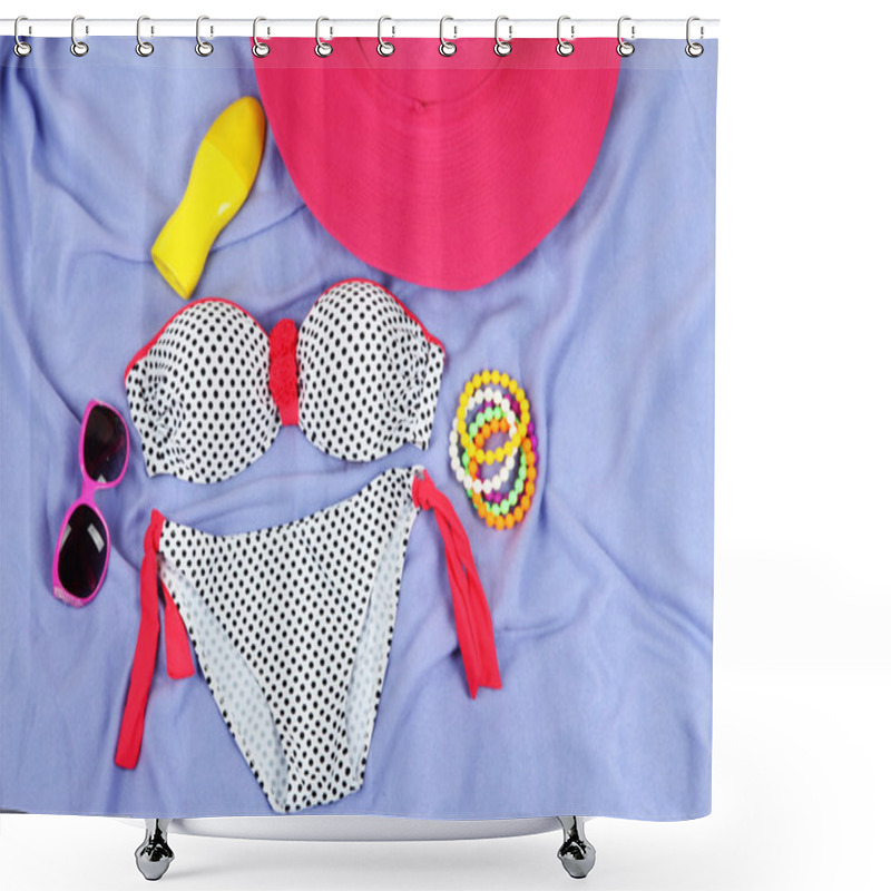 Personality  Swimsuit And Beach Items On Purple Background Shower Curtains