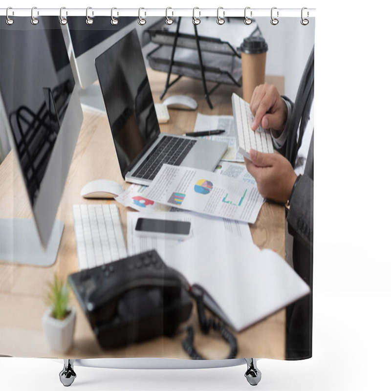 Personality  Cropped View Of Trader Typing On Keyboard Near Laptop, Monitors, And Landline Phone On Blurred Foreground Shower Curtains