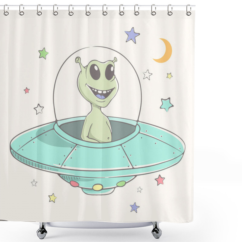 Personality  Cute Alien Flies In Flying Saucer Shower Curtains